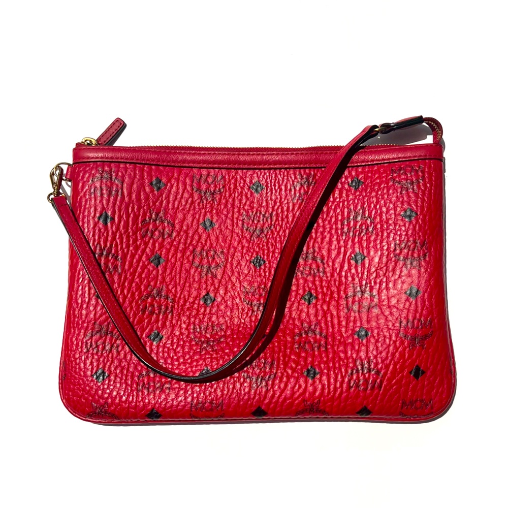 MCM Liz Shopper Visetos Zip Pouch with Leather Shoulder Trap - Candy Red